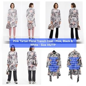 Pink Tartan Floral Trench Coat - Pink, Black & White Size XS/TP